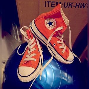 Size 13 youth unisex high top orange converse all star shoes